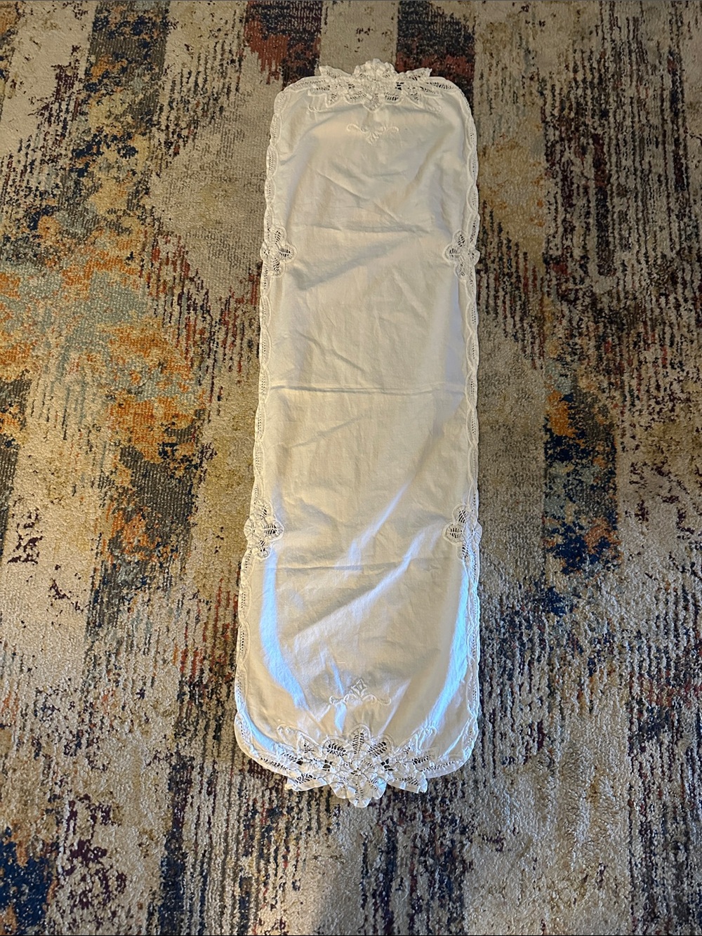 Embroidered White Linen Table Runner with Lace Trim